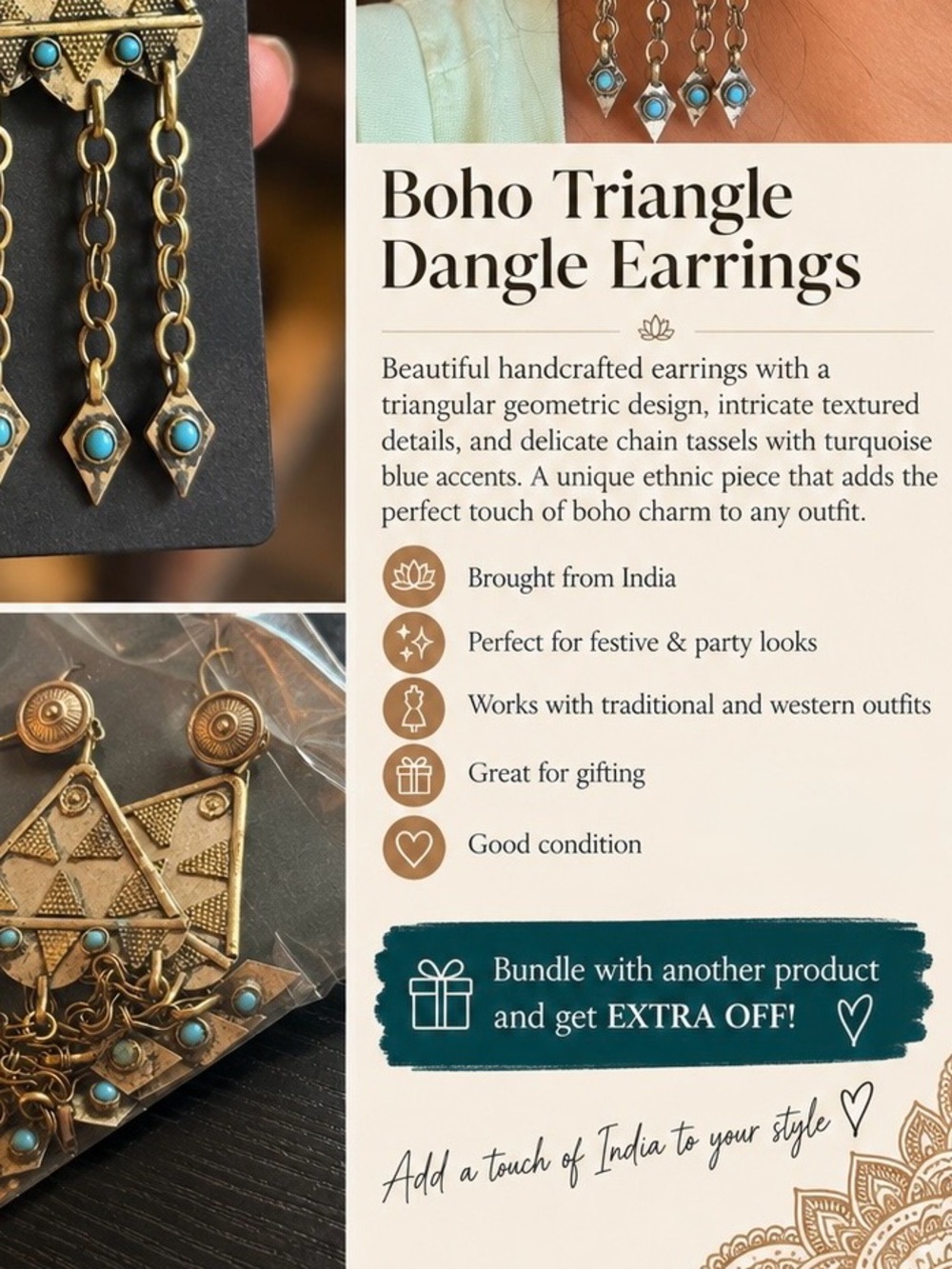Antique Indian Tribal Statement Earrings | Unique Turquoise Accent Chain Drops